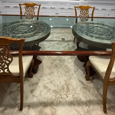Elegant Glass Top Dining Table Set w/ Carved Pedestal Base, 6 Chairs