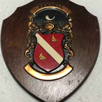 Vintage Fennell Family Coat of Arms Heraldic Crest Wall Plaque on Wood Shield