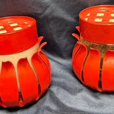 Vintage Red Metal & Glass Shaker Jar Set – Mid-Century Kitchen Spice, Sugar or Cheese Shakers (Pair)