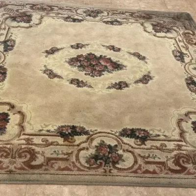 Large Square Floral Area Rug – Beige, Burgundy & Rose – Approx. 8’ x 8’