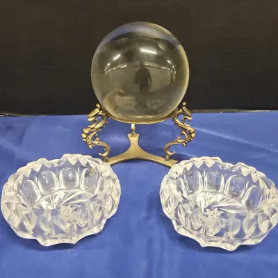 Vintage Crystal Ball w/ Solid Brass Dragon Stand & 2 Crystal Ashtray Dishes