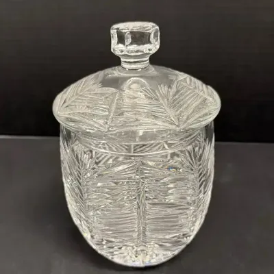 Crystal Biscuit Dish - Vintage Clear Cut Glass Apothecary Style Jar with Matching Lid