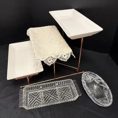 Tiered Serving Platter Collection - 3-Tier Rose Gold Display Stand, Ceramic Platters & Crystal Dishe