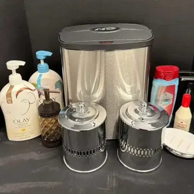 Bathroom Vanity Set - Stainless Steel Motion Sensor Trash Can, Chrome Canisters & Olay Soap Collecti