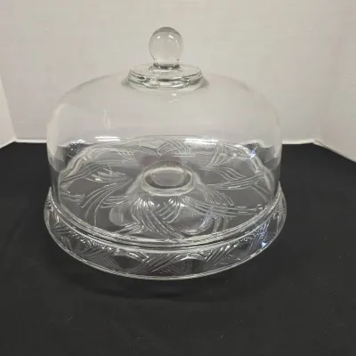 Vintage Anchor Hocking Clear Glass 2-in-1 Reversible Cake Stand & Chip & Dip Platter W/ Dome Lid