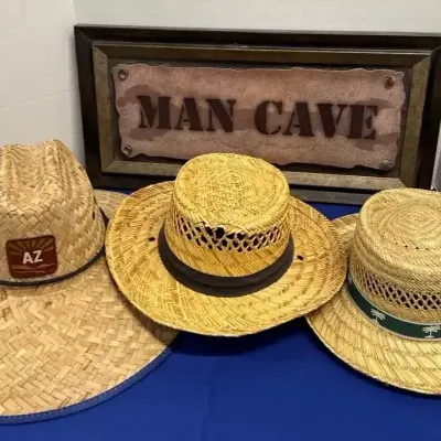 Men’s Vacation Getaway - Man Cave Wood Wall Sign, 2 Straw Hats, 1 Straw Sombrero 