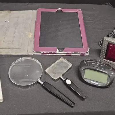 Work Station Ready - IPad, Clocks, Magnifying Glasses, iPhone Screen Protector