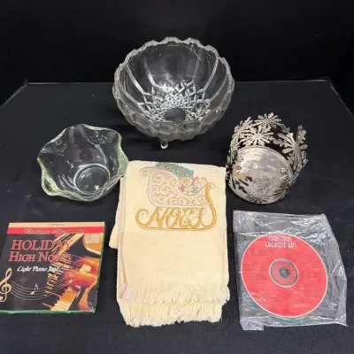Christmas Decor & Music Collection - Crystal Glass Bowls, Noel Table Linens & Holiday CDs