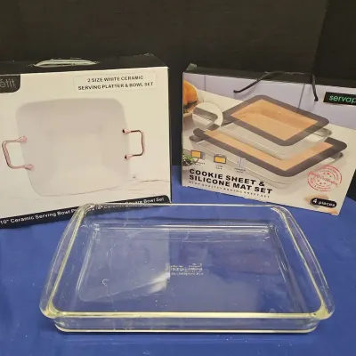Servappetit Serving Bowl Platter Set, Cookie Sheet Set & Pyrex 9x13 Baking Dish
