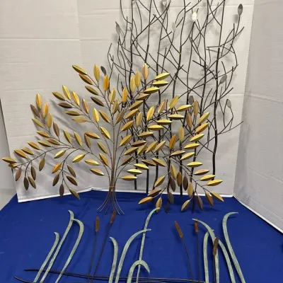 3 Metal Wall Decor - Gold Leaf Branches, Pond Design, Brushed Nickel Sticks