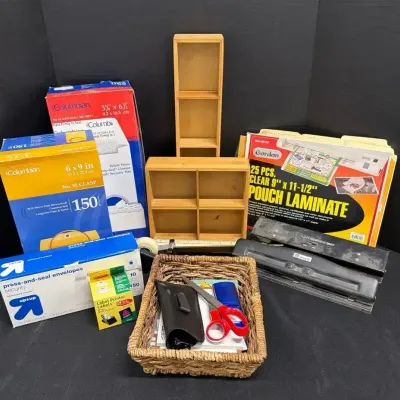 Office Supplies - GBC Pouch Laminate, Columbian Envelopes, Wooden Desk Organizers & Woven Baskets