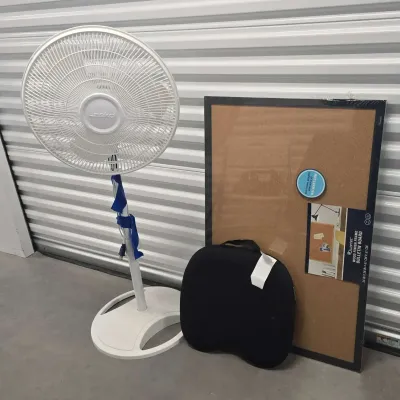 Office Goods - Lasko Oscillating 3- Speed Pedistal Fan, Quartet Cork Board, Seat Cushion