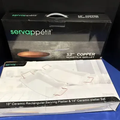 New Servappetit Items - 12” Copper Nonstick Skillet, 18” & 14” Ceramic Rectangle Serving Platter Set