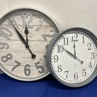2 Wall Clocks - Sterling & Noble, NO 9, Gray, Silver, Wood Slates, Battery Operated