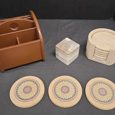 Vintage Desk Accessories - Wooden Caddy, Stone Coasters, Paperweight