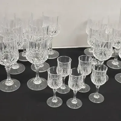 Vintage Longchamp Cristal D'Arques Clear Crystal Stemware - 3 Sizes, 29 Total Pieces, Goblets