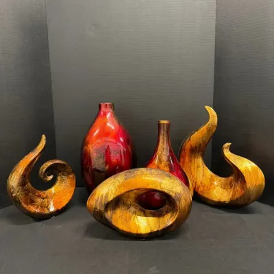5 Piece Luxury Modern Home Decor - Red Metallic Glaze Vases & Gold Swirl Abstract Sculptures