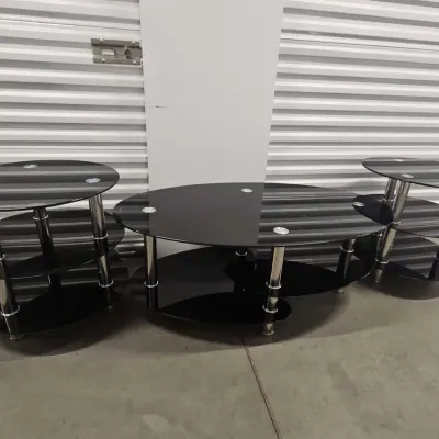 Set of 3 - Oval Tempered Glass Coffee Table w/ Matching Round Side Tables