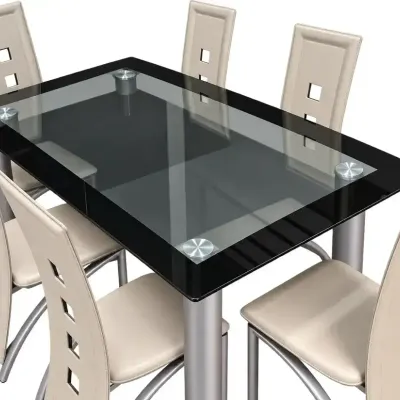 Modern Glass Dining Table Set with 6 Grey Faux Leather High Back Chairs
