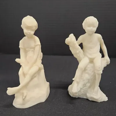 Vintage Avondale White Crushed Glass Figurines - "Boy on a Limb", Girl "Melissa", USA