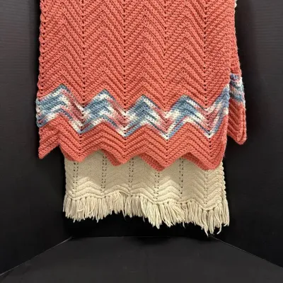 2 Knit Throws - 72”x50”, Boho Cottagecore Crochet Chevron Coral Pink & Fringed Cream 