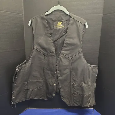 Genuine Leather Motorcycle Vest - 2 Pockets, 4 Snaps In Front, Adjustable Side Lacing, 3XL Plus