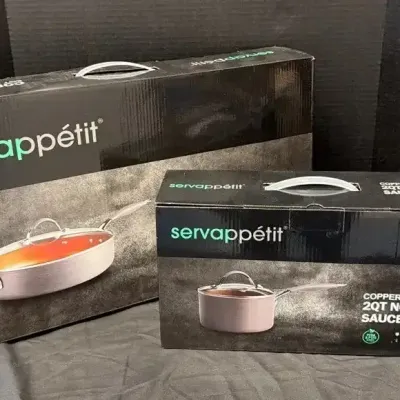 Servappétit 2 Pc Set Copper Sauce Pans - 5QT, 2QT, Ceramic Coating, Glass Lid