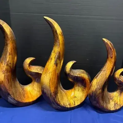 3 Abstract Bronze Flame Art - Statue Decor, 2 Larger, 1 Smaller, Gold
