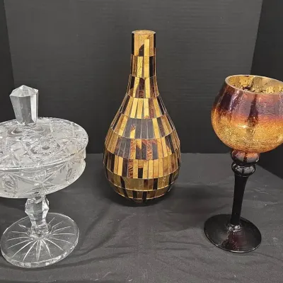 Glam Decor - Crystal Candy Dish, Mosaic Teardrop Vase, Home Essentials Mercury Candle Holder