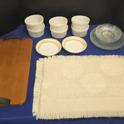 Kitchen Essentials - Meito China, Ramekins, Glass Plates, Placemats, Wooden Serving Board
