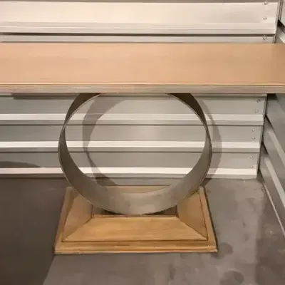 Contemporary Light Oak Console Side Table w/ Sculptural O-Ring Metal Base