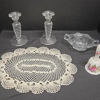 For Grandma's House - Candlesticks, Candy Bowl, Hand Bell, Doily - Vintage & Antique