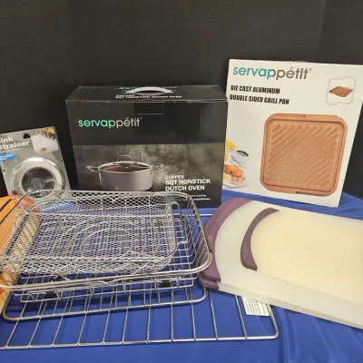 Dinner Tools - Servappetit 5QT Dutch Oven & Double Grill Pan, Racks, Cutting Boards, Mats, Strainer