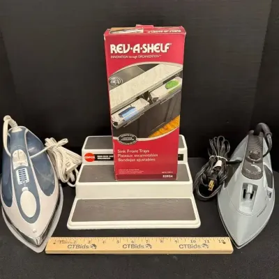 Organization & Laundry - Rev-A-Shelf Tray Set, Copco Tiered Shelf & 2 Clothing Irons
