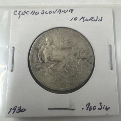 2 Silver Coins - 1865 Queen Victoria Young Head Silver Shilling Coin and 1930 Czechoslovakia 10