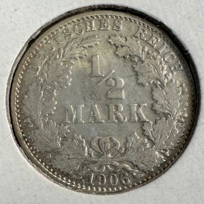 1906 German Empire 1/2 Mark .900 Silver Coin