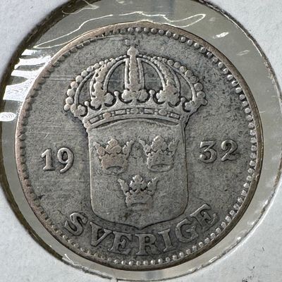 1932 Sweden 25 Ore .600 Silver Coin