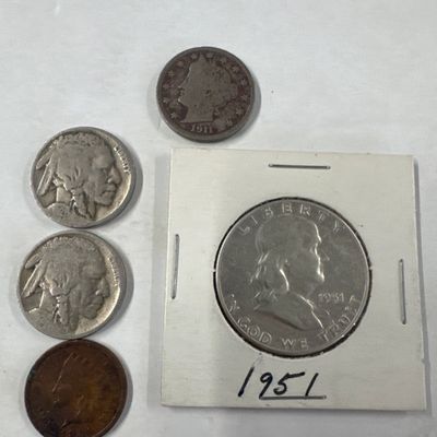 Collection of US Coins: 1951 Franklin Half Dollar, Buffalo Nickels, and More