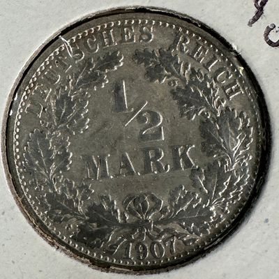 1907 German Empire 1/2 Mark .900 Silver Coin