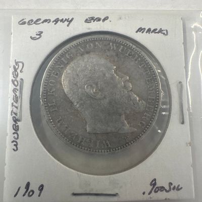 1909 German Empire 3 Mark Silver Coin