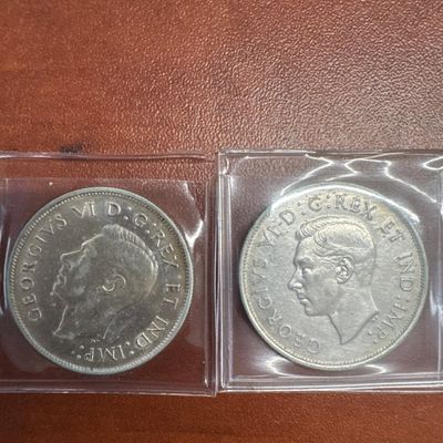 Two Canadian Silver Coins: 1943 and 1941 George VI Half Dollar