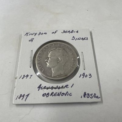 1897 Kingdom of Serbia 2 Dinara Coin of Alexander I Obrenovic