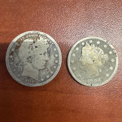 Two US Silver Quarters: 1908 Barber Quarter and 1894 Liberty Head Quarter