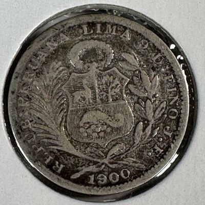 -*1900 Republica Peruana Lima 1/5 Sol .900 Silver Coin