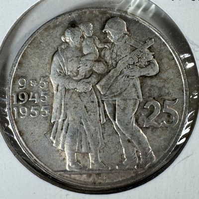1945 - 1955 Czechoslovakia 25 Korun .500 Silver Coin