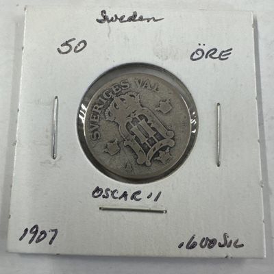 1907 Sweden 50 Ore Silver Coin - Oscar II