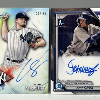 Sale Photo Thumbnail #155: 2021 Bowman Sterling Clarke Schmidt Refractor RC Auto #/150 & 2024 Bowman Chrome John Cruz 1st Bowman RC Auto