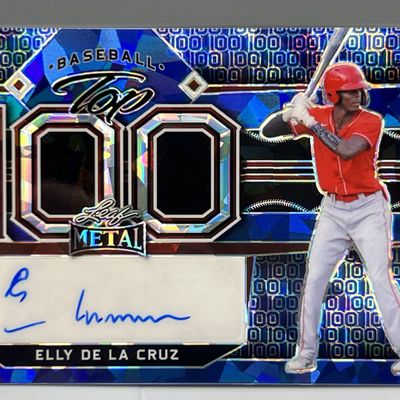 Sale Photo Thumbnail #192: 2022 Leaf Metal Elly De La Cruz Baseball Top 100 Blue RC/Prospect Auto #1/4