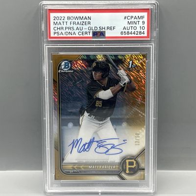 Sale Photo Thumbnail #194: 2022 Bowman Chrome Matt Fraizer Gold Shimmer Refractor 1st Bowman RC Auto #/50 PSA Mint 9 W/ 10 Auto