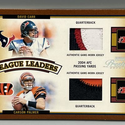Sale Photo Thumbnail #114: 2005 Playoff Prestige David Carr/Carson Palmer/Marc Bulger/Aaron Brooks Quad League Leaders Game Worn Patch #/25